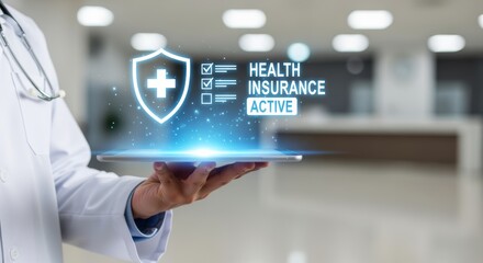 Medical doctor hand with digital tablet electronic health insurance active hologram and healthcare coverage policy protection security claim plan management system