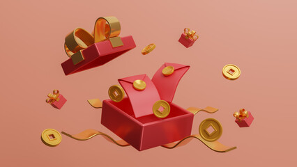 Red envelope with gifts and coin floating on background, Chinese Spring Festival celebrating Lunar New Year, Happy Chinese New Year. Asian festival for banner, poster, flyers, greeting card. 3d render