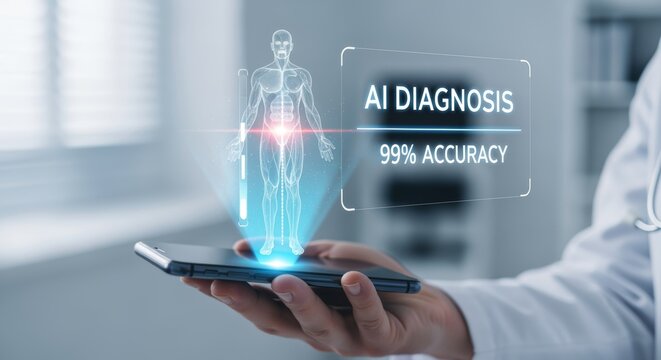 Doctor holding smartphone displaying digital AI diagnosis interface and holographic body scan, visualizing smart healthcare technology, medical data analysis, and innovation in patient monitoring. - Powered by Adobe