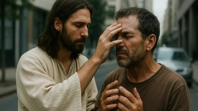 Jesus Christ healing a sick man with a divine touch on a city street. A modern depiction of a biblical miracle. Faith, compassion, and religion concept