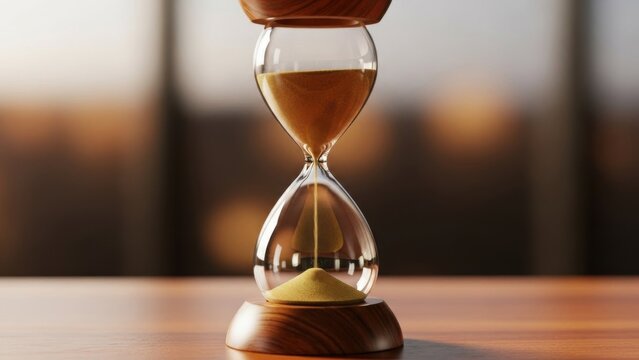 Sand timer on wooden surface