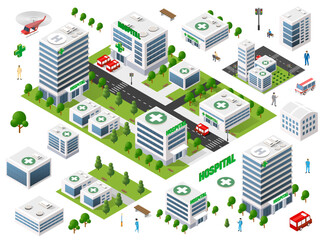 Isometric hospital city layout showing multiple medical buildings, ambulances, a helipad, and staff providing comprehensive healthcare services