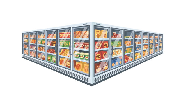Expansive view of a modern supermarket featuring a long, corner-wrapping row of refrigerated display cases, fully stocked with a diverse selection of packaged frozen food items.