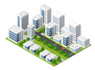 Isometric hospital city layout showing multiple medical buildings, ambulances, a helipad, and staff providing comprehensive healthcare services