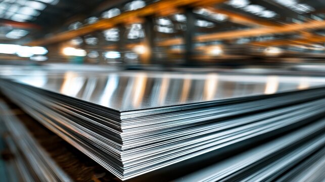 Close-up of stacked metal sheets inside a manufacturing facility, with overhead lighting visible, soft focus