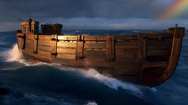 Noah's Ark sailing on a stormy sea under a vibrant rainbow. The biblical story of the great flood, symbolizing hope, faith, and survival. Cinematic 3D animation