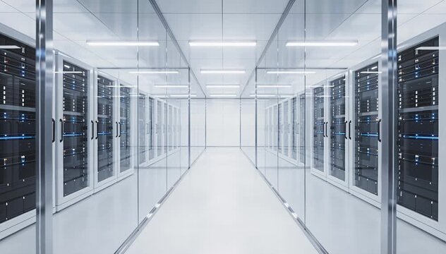Clean futuristic data center hallway with server racks and blue lights, technology hub background, server.