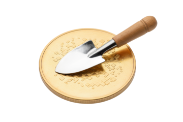 Garden Trowel Resting on a Textured Golden Coin Symbolizing Financial Growth and Investment