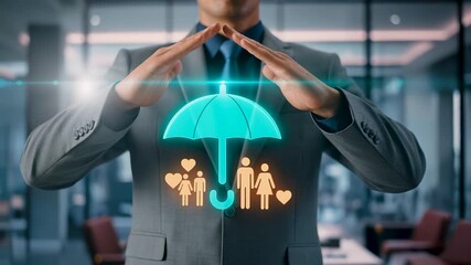 Businessman protecting holographic family under umbrella, visualizing life insurance coverage, social security, financial safety, and future risk management plan.