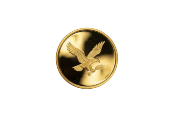 Gleaming golden coin featuring a majestic eagle emblem in flight and natural light