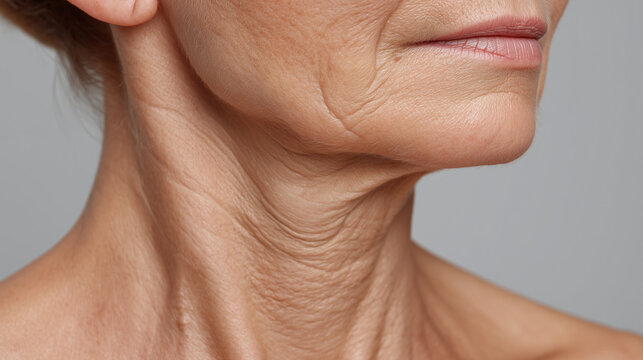 Close up clinical shot of fine wrinkles on neck and lower face of older person showing natural skin texture and aging signs with soft lighting and neutral background