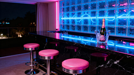 A chic nightclub bar with vibrant pink and blue neon lights, creating a retro 80s vibe. Features a marble counter, pink stools, and a champagne bottle.
