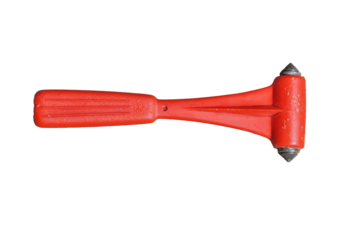 A red emergency rescue hammer isolated on  transparent background, featuring metal pointed ends, designed for breaking glass in vehicles during accidents and safety emergencies situations.