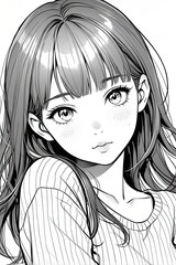 Coloring picture of a young woman black and white line drawing anime.