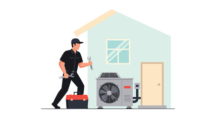 Professional HVAC technician in a dark uniform and cap, holding wrenches and carrying a toolbox, working to repair an outdoor air conditioning unit next to a residential house.