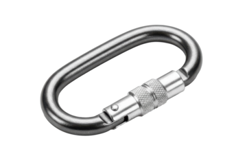 Metallic carabiner hardware in a studio shot against a smooth, solid grey surface