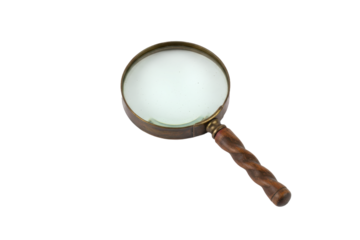 Magnifying glass with wooden handle, isolated, for investigation and information search purpose