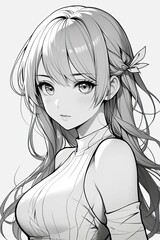Coloring picture of a young woman black and white line drawing anime.