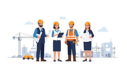 Diverse team of construction professionals, including architects, engineers, and workers in hard hats and safety vests, collaborating and reviewing blueprints at an active building site.