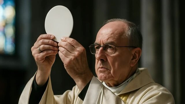 Elderly priest holding the holy host during the eucharist. Close-up of a clergyman celebrating a Catholic mass. Christian faith and worship ceremony