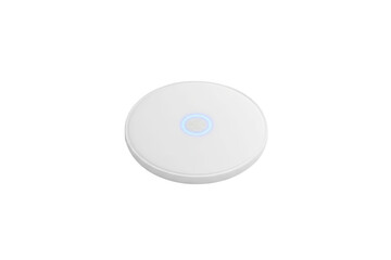 Minimalist circular smart home device with glowing blue interface and sleek design