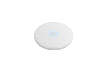 Minimalist circular smart home device with glowing blue interface and sleek design