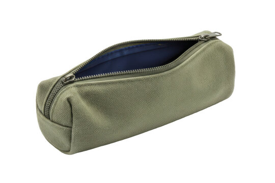 Minimalist canvas pencil case with an open zipper revealing a blue interior space