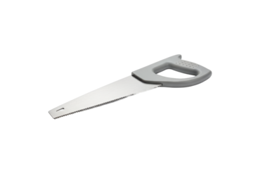 Minimalist representation of a hand saw on a plain surface showing detail and construction