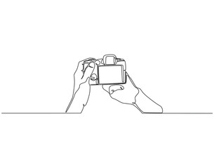 Continuous line drawing of hand holding camera. Single line illustration of hand hold camera. Photograph, journalist concept. Editable outline