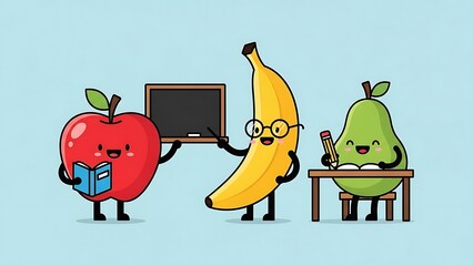 Cartoon Fruits Studying Together at Desk.