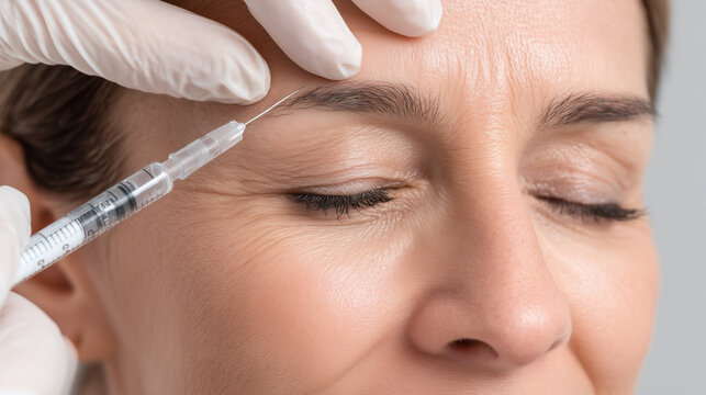Close up of microinjection on glabella soft skin with indent showing cosmetic anti aging treatment for wrinkle reduction and skin smoothing effect on face