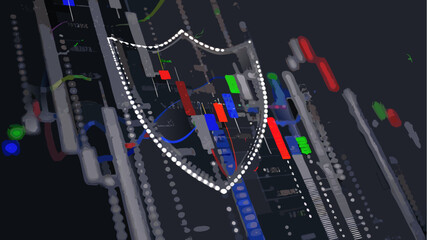 Cybersecurity concept with shield protecting data on stock market screens