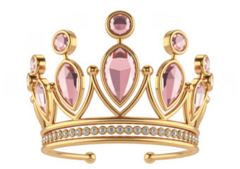 Gold tiara with pink gemstones and white diamonds jewelry isolated on a transparent background