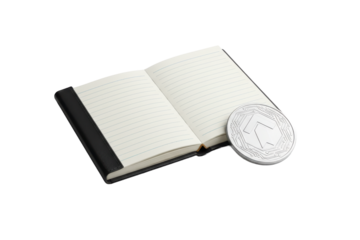 Open notebook and metallic coin with abstract geometric pattern