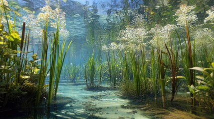 Crystal-clear wetland pools showcasing underwater plant life