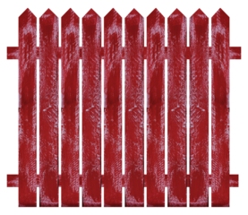 Section of wooden picket fence painted red, isolated background