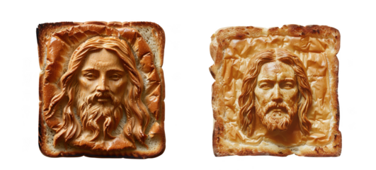 Two slices of toast imprinted with the face of jesus christ a religious food art piece on transparent background