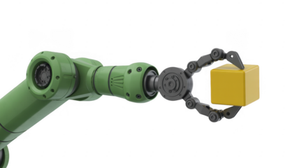 Green robotic arm holding yellow cube automation technology isolated on a transparent background