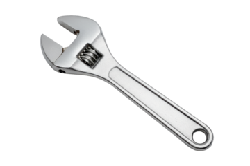 Shiny adjustable wrench tool angled on surface, perfect for mechanical and repair work