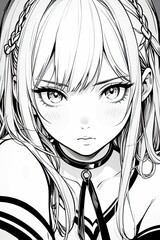 Coloring picture of a young woman black and white line drawing anime.