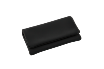 Sleek black leather clutch elegantly displayed with soft ambient lighting