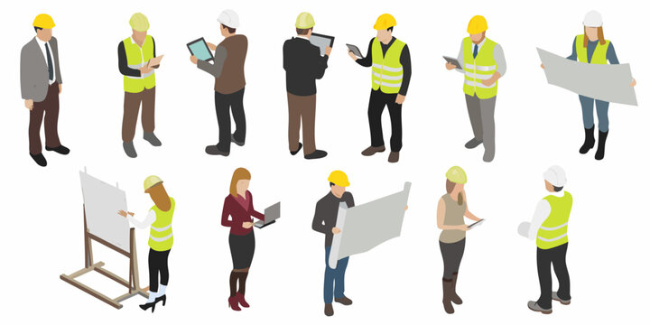 Isometric construction workers and professionals in various work poses and attire