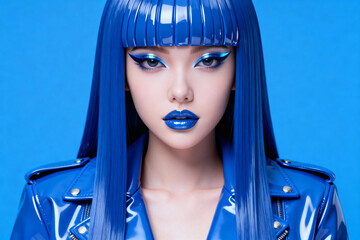 A futuristic fashion portrait of a woman with bold blue hair, metallic lips, and graphic eyeliner against a solid blue monochromatic background.
