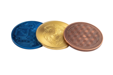 Three different artistic coins reflecting technology, power, and future innovation