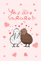 New Zealand brown kiwi bird and rare white kiwi bird in love postcard. Kiwi love greeting card. Valentine's day design.	
