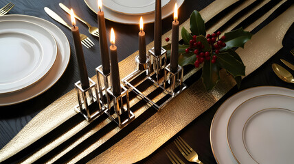 Contemporary advent wreath four black taper candles in chrome square frames on gold and black striped table runner for holiday setting