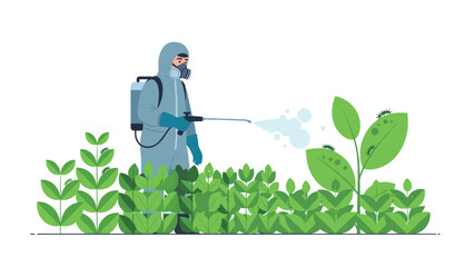 Man in a full protective suit and respirator, diligently spraying pesticide on green plants infested with caterpillars, illustrating pest control and agricultural chemical application.
