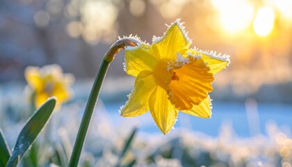 Yellow daffodil blooming in snowy landscape, frost on petals, warm sunlight and wintry forest background. © Deck