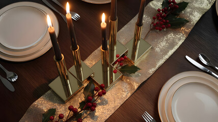 Modern advent wreath with four black taper candles in square brass holders on sparkling gold runner and dark wood table setting
