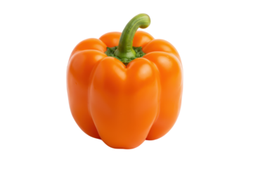 Vibrant orange bell pepper with green stem against warm gradient